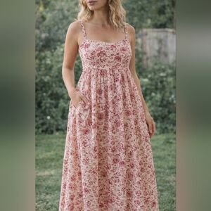 Vintage Smocked Floral Maxi Dress Sz L Pink With Pockets Y2k Coquette Feminine